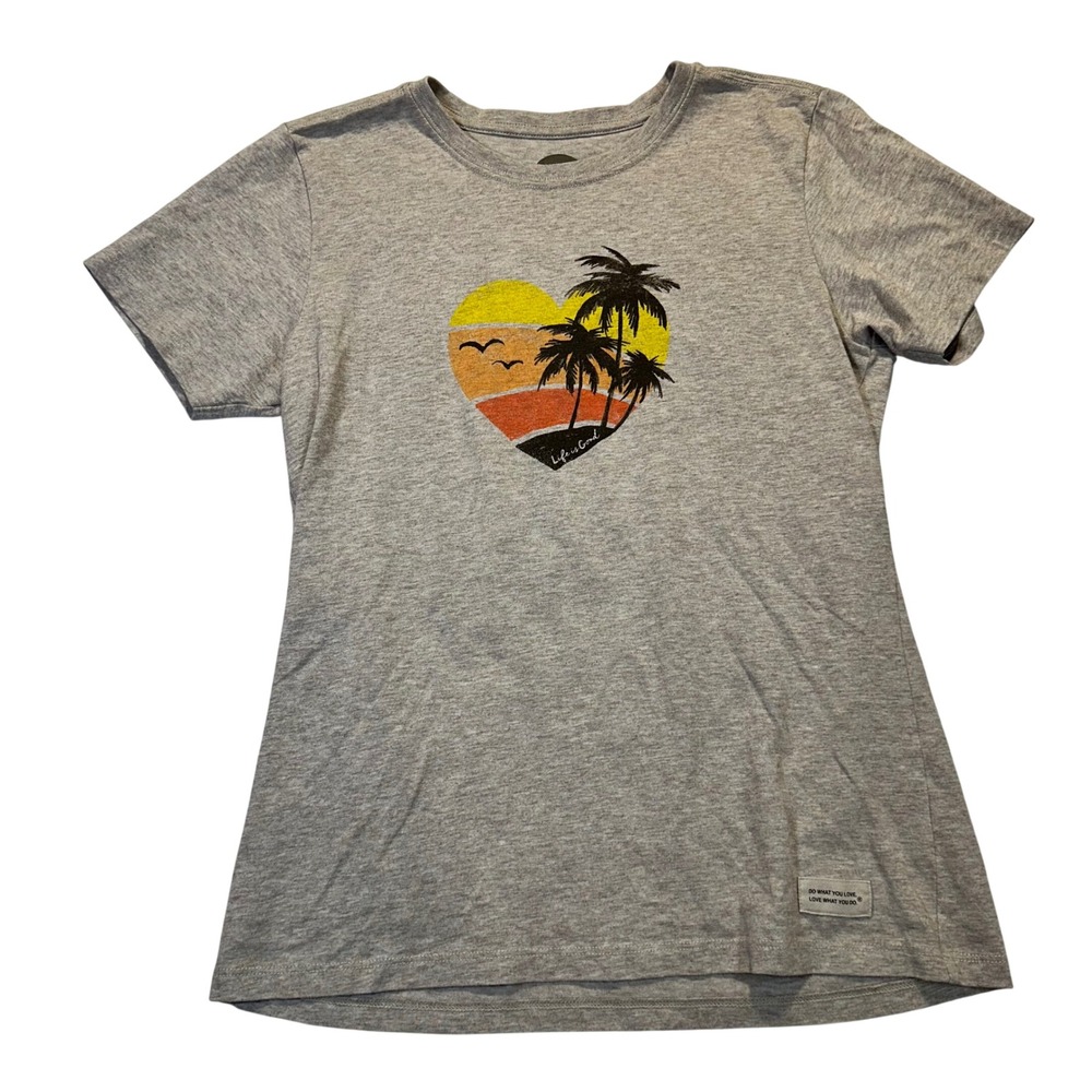 Life is Good Crusher Tee Women Small Grey Sunset Heart Palm Tree Beachy Like New